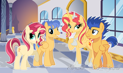 Size: 5040x2995 | Tagged: safe, artist:sunlightshimmer64, derpibooru import, flash sentry, sunset shimmer, oc, oc:sky sentry, oc:sunlight shimmer, alicorn, pegasus, unicorn, alicornified, base used, family, female, flashimmer, male, mare, offspring, parent:flash sentry, parent:sunset shimmer, parents:flashimmer, race swap, shimmercorn, shipping, stallion, straight