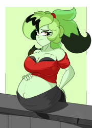 Size: 1800x2500 | Tagged: safe, artist:diamondgreenanimat0, derpibooru import, oc, oc only, oc:diamondgreen, equestria girls, belly, belly button, belly touch, big belly, big breasts, breasts, brown eyes, clothes, female, green background, hand on hip, midriff, outie belly button, pain, pregnant, shirt, shirt lift, simple background, solo, version, watching, white background