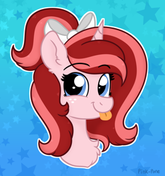 Size: 1500x1600 | Tagged: safe, artist:pink-pone, derpibooru import, oc, oc only, pony, unicorn, :p, abstract background, blue eyes, bow, bust, chest fluff, ear fluff, ears, eyebrows, eyebrows visible through hair, female, freckles, hair bow, horn, looking at you, mare, solo, tongue, tongue out, unicorn oc, white outline