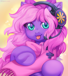 Size: 1214x1358 | Tagged: safe, artist:margony, derpibooru import, oc, oc only, oc:lillybit, earth pony, pony, :p, blushing, bow, clothes, commission, digital art, female, hair bow, headphones, headset, looking at you, mare, microphone, scarf, simple background, solo, tongue, tongue out