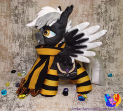 Size: 2551x2304 | Tagged: safe, artist:1stastrastudio, derpibooru import, oc, oc:midnight serenity, pegasus, pony, bag, clothes, irl, male, photo, plushie, saddle bag, scarf, socks, solo, stallion, striped socks