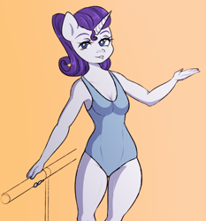 Size: 4000x4300 | Tagged: safe, artist:ranillopa, derpibooru import, rarity, anthro, unicorn, absurd resolution, alternate hairstyle, ballet, breasts, clothes, horn, leotard, looking at you, orange background, outfit, simple background, small breasts, training
