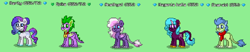 Size: 984x204 | Tagged: safe, artist:lilaclavender18, derpibooru import, rarity, spike, oc, oc:amethyst, oc:emerald, oc:magenta belle, dracony, dragon, hybrid, pony, unicorn, alternate hairstyle, female, interspecies offspring, male, mare, offspring, parent:rarity, parent:spike, parents:sparity, pony town, quadrupedal spike, shipping, sparity, straight