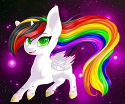 Size: 5102x4251 | Tagged: safe, artist:schokocream, derpibooru import, oc, oc:lightning bliss, alicorn, pony, abstract background, alicorn oc, colored hooves, cute, female, horn, mare, multicolored hair, ocbetes, rainbow hair, solo, wings