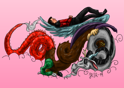 Size: 2912x2059 | Tagged: safe, artist:iluarts, derpibooru import, discord, draconequus, human, 2019, cloud, lying down, lying on top of someone, male, pink background, q, simple background, sleeping, snuggling, star trek, star trek: the next generation