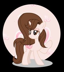 Size: 1168x1312 | Tagged: safe, artist:amicasecretuwu, derpibooru import, oc, oc only, oc:melody notes, pony, unicorn, artificial wings, augmented, brown eyes, brown mane, female, horn, magic, magic wings, mare, raised hoof, raised leg, smiling, solo, standing, unicorn oc, wings