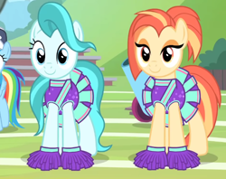Size: 646x512 | Tagged: safe, derpibooru import, screencap, lighthoof, rainbow dash, shimmy shake, earth pony, pegasus, pony, 2 4 6 greaaat, season 9, blue eyes, cheerleader, cheerleader outfit, clothes, cropped, female, folded wings, mare, offscreen character, orange eyes, shadow, standing, wings