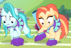 Size: 656x443 | Tagged: safe, derpibooru import, screencap, lighthoof, rainbow dash, shimmy shake, earth pony, pony, 2 4 6 greaaat, season 9, blue eyes, cheerleader, cheerleader outfit, clothes, cropped, female, gritted teeth, mare, offscreen character, orange eyes, raised hoof, raised leg, shadow, shrunken pupils