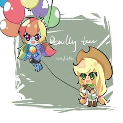 Size: 650x650 | Tagged: safe, artist:过激黛西妈妈粉, derpibooru import, applejack, rainbow dash, equestria girls, appledash, balloon, chibi, female, floating, lesbian, shipping, simple background, then watch her balloons lift her up to the sky