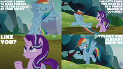 Size: 1280x720 | Tagged: safe, derpibooru import, edit, edited screencap, editor:quoterific, screencap, rainbow dash, starlight glimmer, pegasus, pony, unicorn, no second prances, season 6, crossed hooves, duo, duo female, eyes closed, female, flying, mare, open mouth, spread wings, wings