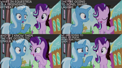 Size: 1280x720 | Tagged: safe, derpibooru import, edit, edited screencap, editor:quoterific, screencap, starlight glimmer, trixie, pony, unicorn, all bottled up, season 7, bag, duo, duo female, eyes closed, female, friendship express, mare, open mouth, saddle bag, smiling, train, train station