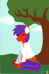 Size: 1959x2938 | Tagged: safe, artist:samsailz, derpibooru import, oc, earth pony, pony, :p, headphones, lineless, looking at you, one eye closed, sitting, tongue, tongue out, tree, wink, winking at you