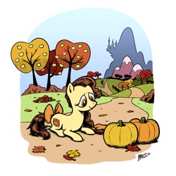 Size: 2000x2000 | Tagged: safe, artist:mellodillo, derpibooru import, oc, oc only, oc:pumpkin patch, earth pony, pony, autumn, bow, canterlot, female, leaves, lying down, mare, prone, pumpkin, solo, tail bow, tree