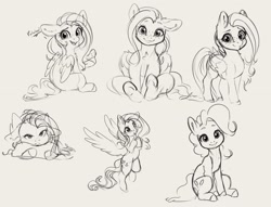 Size: 4000x3052 | Tagged: safe, artist:miokomata, derpibooru import, fluttershy, pinkie pie, earth pony, pegasus, pony, cute, diapinkes, duo, ears, female, floppy ears, flying, freckles, freckleshy, grayscale, looking at you, mare, monochrome, pillow, shyabetes, sitting