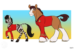 Size: 1280x854 | Tagged: safe, artist:will-owl-the-wisp, derpibooru import, earth pony, pony, zebra, clothes, duo, female, height difference, james doohan, male, mare, nichelle nichols, ponified, scotty, stallion, star trek, uhura, uniform