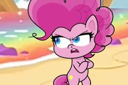 Size: 1499x999 | Tagged: safe, derpibooru import, screencap, pinkie pie, earth pony, pony, equestria girls, equestria girls series, forgotten friendship, my little pony: pony life, pie vs. pie, angry, beach, bipedal, female, open mouth, pinkie pie is not amused, potion ocean, solo, unamused