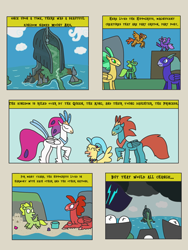 Size: 2448x3264 | Tagged: safe, artist:supahdonarudo, derpibooru import, princess skystar, queen novo, oc, oc:king waverider, classical hippogriff, hippogriff, comic:the day the mountain fell, my little pony: the movie, airship, background hippogriff, beach, cloud, comic, dark clouds, imminent invasion, mount aris, style emulation