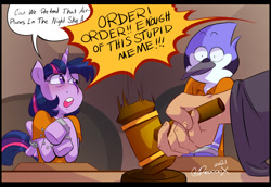 Size: 1280x879 | Tagged: safe, artist:rooooox, derpibooru import, twilight sparkle, human, aeroplanes and meteor showers, airplanes (song), bound wings, chained, clothes, courtroom, crossover, crossover shipping, cuffs, female, gavel, hand, judge, male, meme, mordecai, mordetwi, prison outfit, redraw mordetwi meme, regular show, shipping, shocked, straight, text, wings