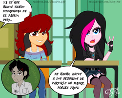 Size: 1920x1536 | Tagged: safe, artist:jack-pie, derpibooru import, oc, oc:archooves, oc:jack pie, oc:zoe star pink, equestria girls, classroom, clothes, female, jacket, male, multicolored hair, pants, peeved, shorts, sitting, spanish