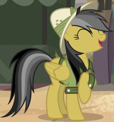 Size: 573x612 | Tagged: safe, derpibooru import, screencap, daring do, pegasus, pony, daring done?, season 7, cropped, cute, daring dorable, eyes closed, female, mare, open mouth, raised hoof, raised leg, solo