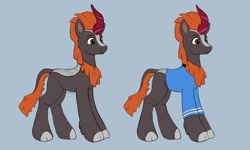 Size: 2000x1200 | Tagged: safe, artist:redquoz, derpibooru import, oc, oc:astralspark, kirin, alternate design, blue background, brown eyes, clothes, eyebrows, fluffy, male, maroon coat, orange mane, reference sheet, simple background, stallion, star trot, uniform