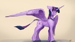 Size: 3840x2160 | Tagged: safe, artist:tenebrisnoctus, derpibooru import, twilight sparkle, twilight sparkle (alicorn), alicorn, pony, colored hooves, female, jewelry, leonine tail, looking at you, mare, necklace, side view, signature, simple background, smiling, smiling at you, solo, spread wings, wings