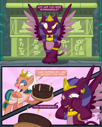 Size: 4902x6120 | Tagged: safe, artist:alexdti, derpibooru import, somnambula, sphinx (character), pegasus, pony, sphinx, birthday, birthday cake, cake, comic, commission, food, happy, smiling, speech bubble, starry eyes, wingding eyes