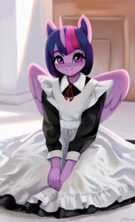 Size: 1300x2138 | Tagged: safe, artist:mrscroup, derpibooru import, twilight sparkle, twilight sparkle (alicorn), alicorn, anthro, blushing, clothes, cute, female, looking at you, maid, maidlight sparkle, mare, sitting on floor, smiling, smiling at you, twiabetes