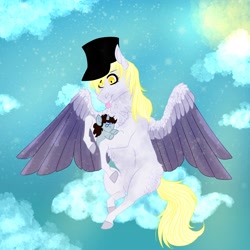 Size: 4000x4000 | Tagged: safe, artist:inisealga, derpibooru import, derpy hooves, oc, oc only, oc:coaldust, pegasus, pony, unicorn, chest fluff, cloud, colored wings, commission, hat, horn, neck fluff, plushie, sky, solo, spread wings, sun, unicorn oc, wing fluff, wings