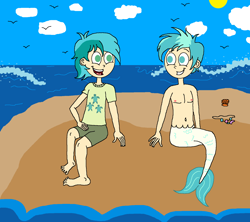 Size: 1654x1470 | Tagged: safe, artist:ocean lover, derpibooru import, sandbar, terramar, bird, human, mermaid, barefoot, belly, belly button, chest, clam, clothes, cloud, feet, fins, green eyes, humanized, jewelry, laughing, looking at each other, male, male nipples, merboy, mermaid tail, mermaidized, merman, necklace, nipples, ocean, outdoors, pearl necklace, rock, shirt, shorts, sitting, smiling, species swap, sun, t-shirt, tail, water, wave