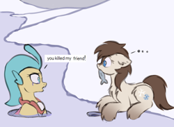 Size: 4200x3073 | Tagged: safe, artist:vetta, derpibooru import, princess skystar, oc, oc:frosty flakes, fish, pony, seapony (g4), my little pony: the movie, ..., blue eyes, brown mane, female, freckles, ice, jewelry, looking at each other, necklace, op is a cuck, open mouth, pearl necklace, sad, snow, snowpony (species), taiga pony, water, yakutian horse
