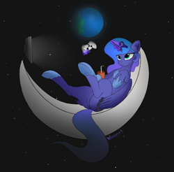 Size: 2437x2399 | Tagged: safe, artist:wevepon3, derpibooru import, princess luna, alicorn, pony, controller, crown, drink, earth, female, glowing horn, horn, jewelry, lying down, magic, mare, moon, on back, regalia, signature, solo, space, stars, straw, tangible heavenly object, television, wings