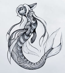 Size: 1141x1280 | Tagged: safe, artist:shanher, derpibooru import, oc, oc only, hybrid, merpony, seapony (g4), siren, black and white, digital art, female, fins, fish tail, flowing mane, flowing tail, gem, grayscale, looking up, monochrome, simple background, solo, tail, white background