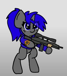 Size: 1000x1131 | Tagged: safe, artist:two2sleepy, derpibooru import, oc, oc:dream vezpyre, oc:dream², pony, unicorn, bipedal, female, gun, ponytail, solo, weapon