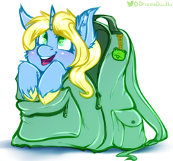 Size: 1826x1700 | Tagged: safe, artist:drizziedoodles, derpibooru import, oc, oc:art's desire, frog, unicorn, backpack, blonde, blonde mane, cute, smiling