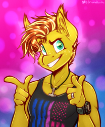 Size: 2979x3582 | Tagged: safe, derpibooru import, oc, oc only, oc:honey drizzle, anthro, earth pony, abstract background, american flag, bisexual pride flag, clothes, finger gun, finger guns, grin, hammer, jewelry, looking at you, male, mjölnir, necklace, pride, pride flag, raised eyebrow, ring, smiling, stallion, tanktop, war hammer, watch, weapon, wristwatch