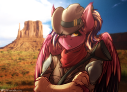 Size: 3000x2176 | Tagged: safe, artist:drizziedoodles, derpibooru import, oc, oc:oxide, anthro, original species, bandana, clothes, cowboy hat, crossed arms, female, hat, leather vest, lever action rifle, looking at you, ponytail, shirt, sling, weapon, wings