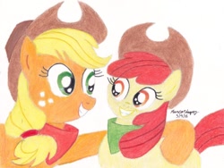 Size: 1024x772 | Tagged: safe, artist:dynamic_eagle, derpibooru import, apple bloom, applejack, earth pony, female, filly, grin, hat, mare, neckerchief, siblings, smiling