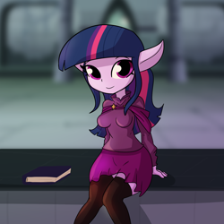 Size: 2250x2250 | Tagged: safe, artist:tjpones, derpibooru import, twilight sparkle, elf, equestria girls, book, breasts, clothes, cute, elf ears, female, headlight sparkle, high res, looking at you, skirt, smiling, smiling at you, solo, species swap, stockings, thigh highs, twiabetes, unicorns as elves