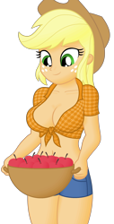 Size: 1300x2552 | Tagged: safe, derpibooru import, edit, editor:ah96, applejack, equestria girls, apple, applerack, belly button, breast edit, breasts, cleavage, female, food, front knot midriff, midriff, ms paint, shading, simple background, transparent background