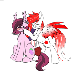 Size: 2200x2200 | Tagged: safe, artist:chickenbrony, derpibooru import, oc, oc only, oc:bree berry, oc:making amends, earth pony, pegasus, pony, bipedal, duo, eyes closed, female, male, one eye closed, simple background, sitting, white background