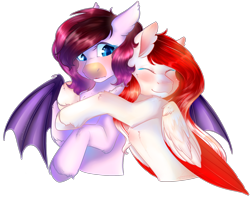 Size: 2266x1812 | Tagged: safe, artist:mantequia, artist:mantequía, derpibooru import, oc, oc only, oc:bree berry, oc:making amends, bat pony, pegasus, hug, simple background, transparent background