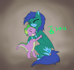 Size: 1062x1000 | Tagged: safe, artist:joan-grace, derpibooru import, spike, oc, dragon, pegasus, pony, female, hug, mare, signature, smiling