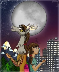 Size: 1092x1330 | Tagged: safe, artist:diamond06mlp, derpibooru import, oc, oc only, draconequus, building, clothes, dark skin, draconequus oc, duo, female, full moon, moon, mountain, night, stars