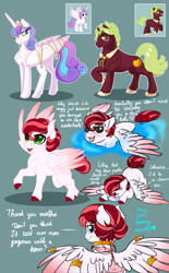 Size: 2834x4574 | Tagged: safe, artist:schokocream, derpibooru import, princess flurry heart, oc, oc:black twig apple, oc:radiant ruby, alicorn, pony, female, filly, freckles, male, mare, offspring, offspring's offspring, parent:big macintosh, parent:cheerilee, parent:oc:black twig apple, parent:princess flurry heart, parents:canon x oc, parents:cheerimac, reference sheet, stallion, story included