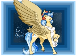 Size: 3186x2350 | Tagged: safe, artist:inisealga, derpibooru import, oc, oc only, oc:easy breezy, pegasus, pony, abstract background, aviator goggles, clothes, female, goggles, hat, mare, pegasus oc, scarf, solo, spread wings, wing fluff, wings