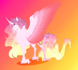 Size: 2026x1804 | Tagged: safe, artist:inisealga, derpibooru import, princess celestia, alicorn, pony, abstract background, alternate design, curved horn, female, gradient background, horn, mare, redesign, solo, spread wings, wings