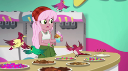 Size: 800x448 | Tagged: safe, derpibooru import, edit, edited screencap, screencap, raspberry lilac, bird, better together, choose your own ending, equestria girls, tip toppings, tip toppings: fluttershy, animal, bandana, belly button, candy, clothes, cup, eating, female, flying, food, froyo, frozen yogurt, frozen yogurt machine, frozen yogurt shop, gummy worm, jewelry, midriff, necklace, shirt, shocked, sleeveless, sleeveless shirt, solo, table, tanktop, toppings