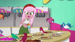 Size: 799x449 | Tagged: safe, derpibooru import, edit, edited screencap, screencap, raspberry lilac, bird, better together, choose your own ending, equestria girls, tip toppings, tip toppings: fluttershy, animal, bandana, belly button, candy, clothes, cup, eating, female, food, frozen yogurt, frozen yogurt machine, frozen yogurt shop, gummy worm, jewelry, looking around, midriff, necklace, shirt, shocked, sleeveless, sleeveless shirt, table, tanktop, toppings