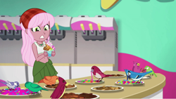 Size: 800x451 | Tagged: safe, derpibooru import, edit, edited screencap, screencap, raspberry lilac, bird, better together, choose your own ending, equestria girls, tip toppings, tip toppings: fluttershy, animal, bandana, belly button, candy, clothes, cup, eating, female, food, froyo, frozen yogurt, frozen yogurt machine, frozen yogurt shop, gummy worm, jewelry, midriff, necklace, scared, shirt, sleeveless, sleeveless shirt, table, tanktop, toppings